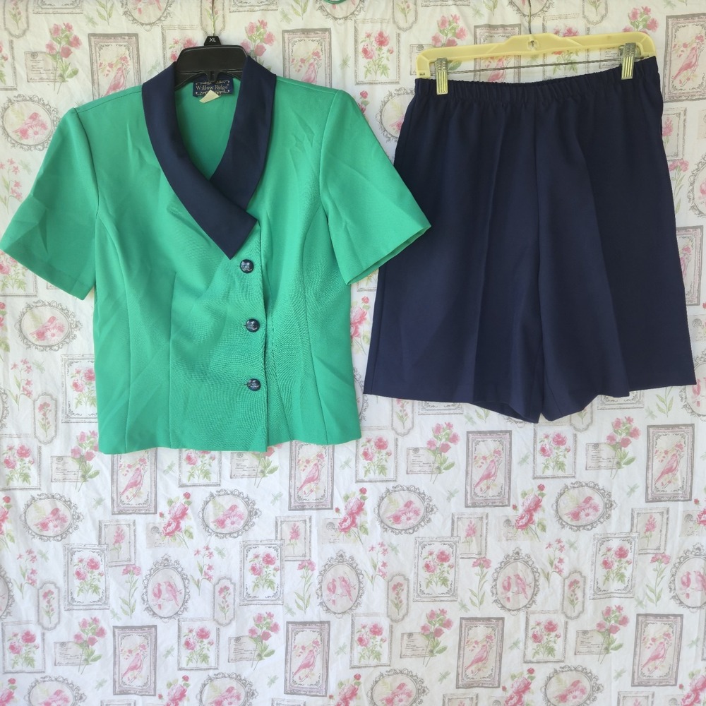 Vintage Willow Ridge Green Short Sleeve Blazer & Navy Shorts Set Sz 8 Two Piece